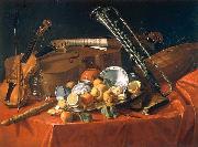 Cristoforo Munari Stilleben mit Musikinstrumenten und Fruchten oil on canvas
